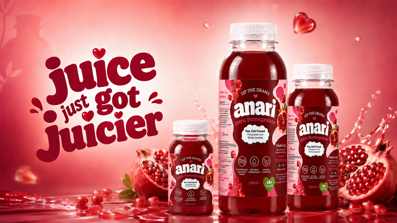 Juice just got juicier — ANARI pomegranate juice bottles with fresh pomegranates